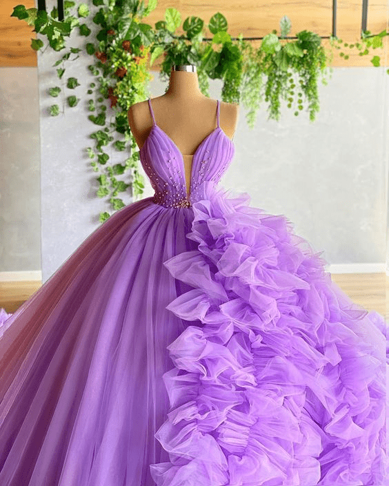 Purple A-line V Neck Tulle Ball Gown Purple Princess Dress - Curvevia