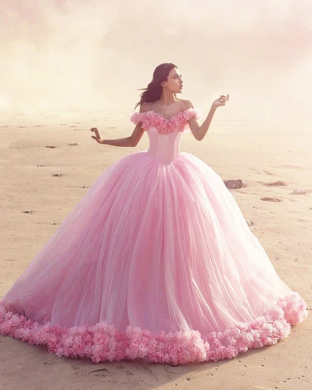 Off The Shoulder Flowers Tulle Ball Gown Pink Quinceanera Dresses - Curvevia