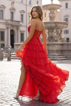 Royal Blue Chiffon Sweetheart Ruffle Tiered Long Prom Dress - Curvevia