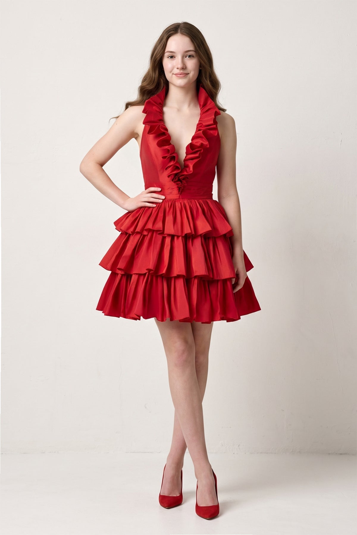 A-Line Deep Halter Satin Short Wedding Guest Dress with Ruffles - Curvevia