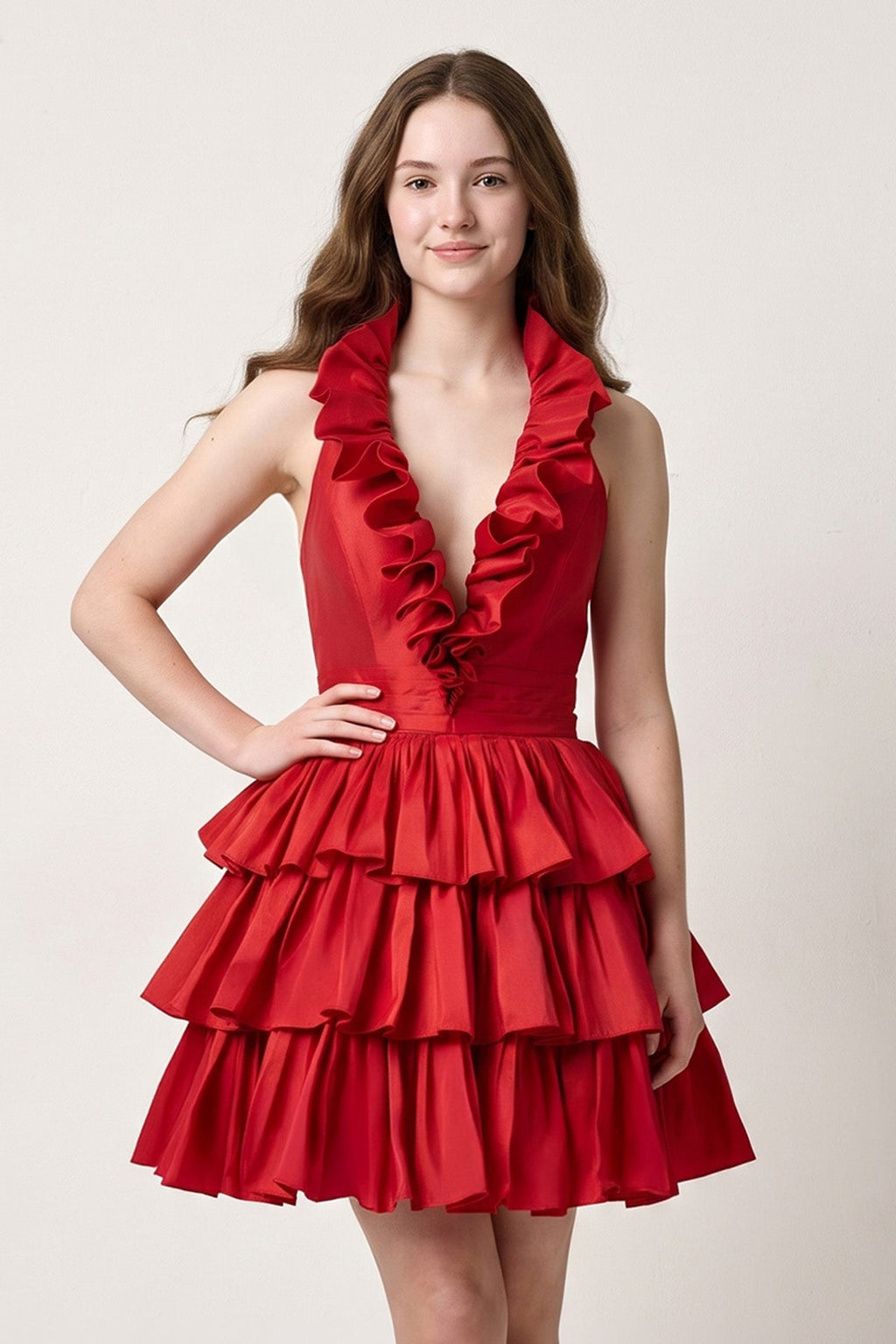 A-Line Deep Halter Satin Short Wedding Guest Dress with Ruffles - Curvevia
