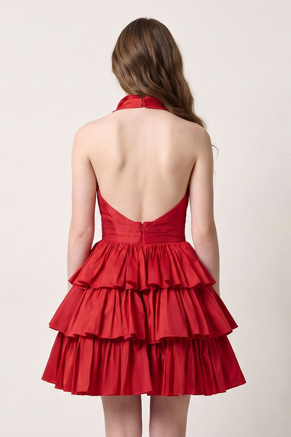 A-Line Deep Halter Satin Short Wedding Guest Dress with Ruffles - Curvevia