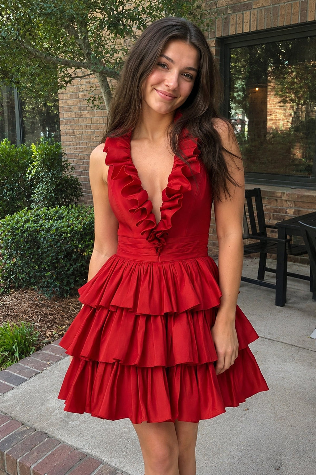 A-Line Deep Halter Satin Short Wedding Guest Dress with Ruffles - Curvevia