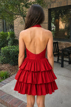 A-Line Deep Halter Satin Short Wedding Guest Dress with Ruffles - Curvevia
