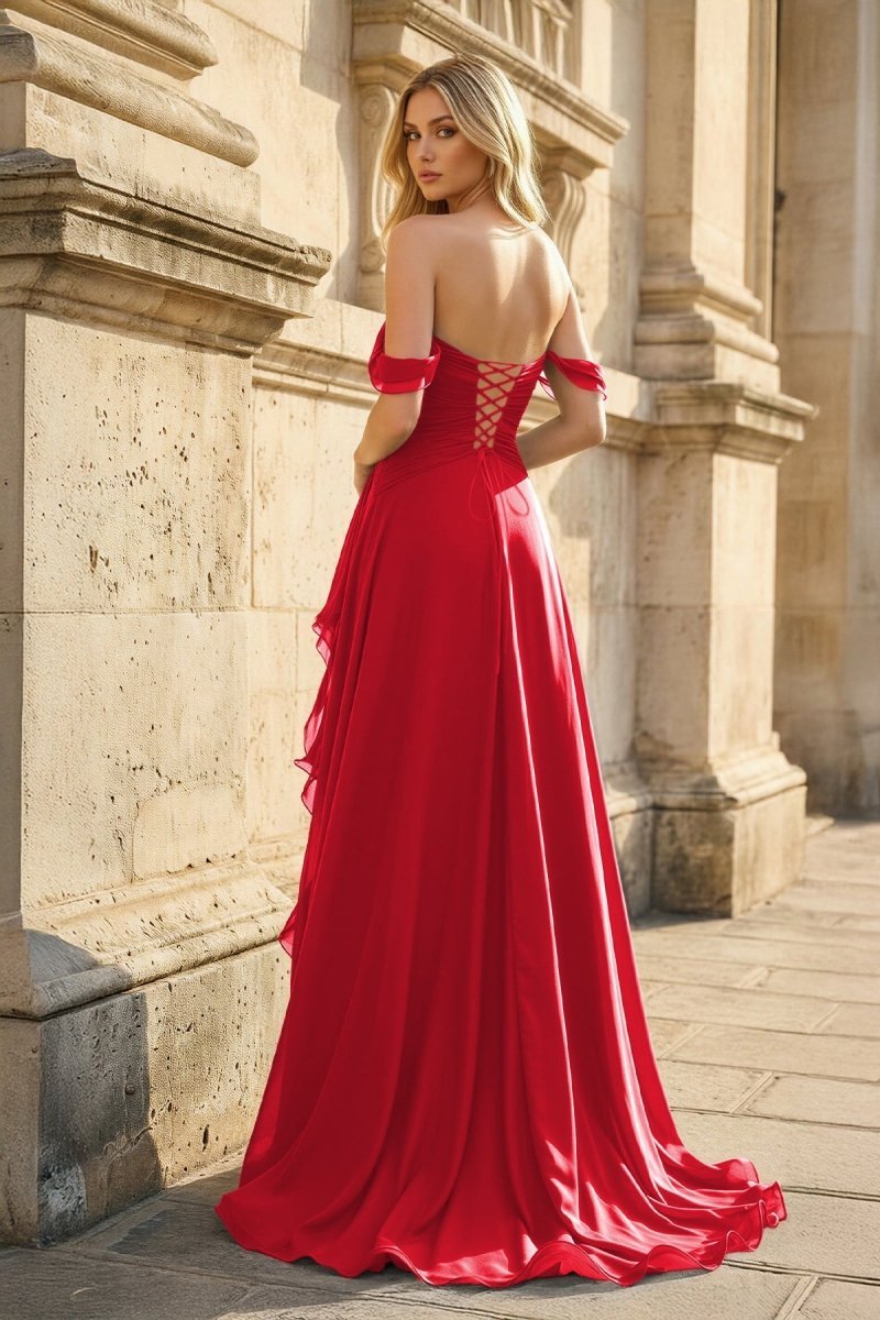 Peacock Off The Shoulder A Line Chiffon Pleated Long Evening Dress With Slit - Curvevia