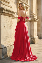 Peacock Off The Shoulder A Line Chiffon Pleated Long Evening Dress With Slit - Curvevia