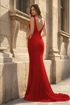 Pink V Neck Mermaid Satin Long Evening Dress With Pearls - Curvevia