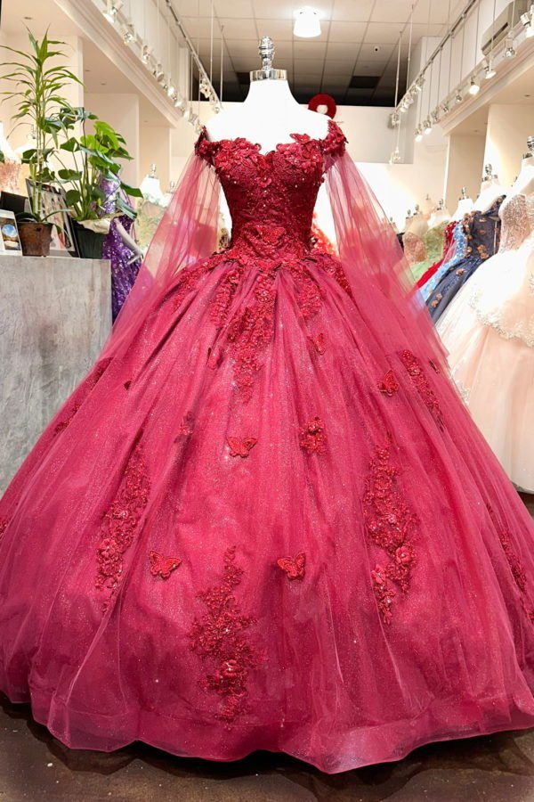 Red Long Sleeves 3D Flowers Quinceanera Dresses Appliqued - Curvevia