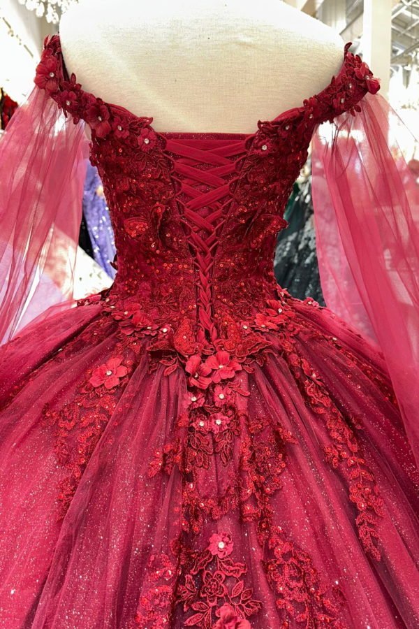 Red Long Sleeves 3D Flowers Quinceanera Dresses Appliqued - Curvevia