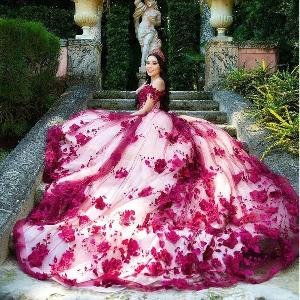 Red Lace Quinceanera Dress Off Shoulder Corset Vestidos Pearls Flowers - Curvevia