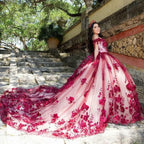 Red Lace Quinceanera Dress Off Shoulder Corset Vestidos Pearls Flowers - Curvevia