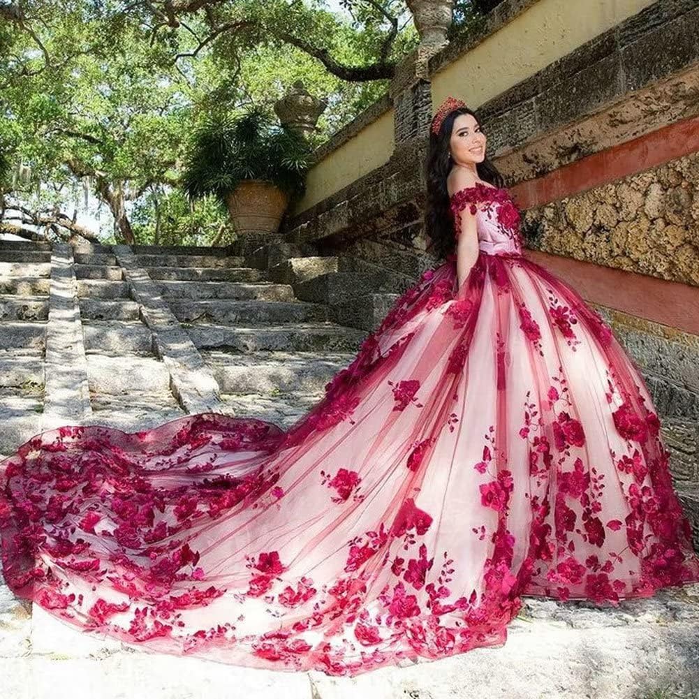 Red Lace Quinceanera Dress Off Shoulder Corset Vestidos Pearls Flowers - Curvevia