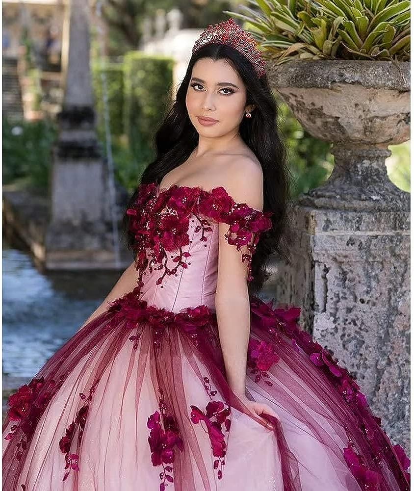 Red Lace Quinceanera Dress Off Shoulder Corset Vestidos Pearls Flowers - Curvevia