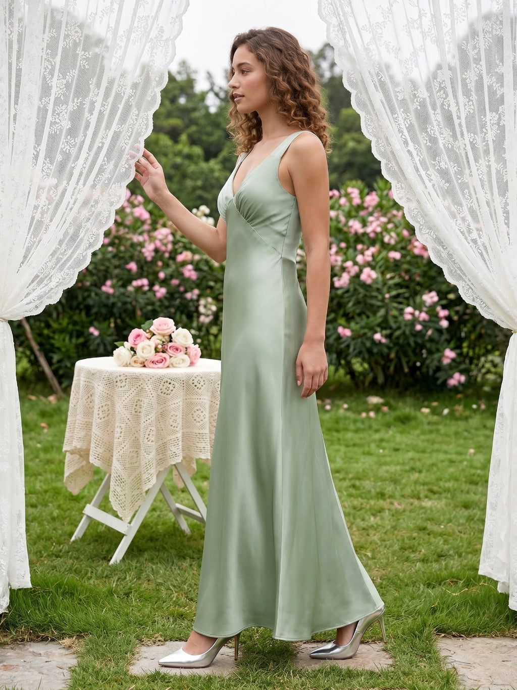 Refined Dusty Sage Satin column V-Neck Backless Ankle-Length Bridesmaid Dress - Curvevia