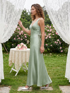 Refined Dusty Sage Satin column V-Neck Backless Ankle-Length Bridesmaid Dress - Curvevia