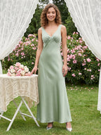 Refined Dusty Sage Satin column V-Neck Backless Ankle-Length Bridesmaid Dress - Curvevia