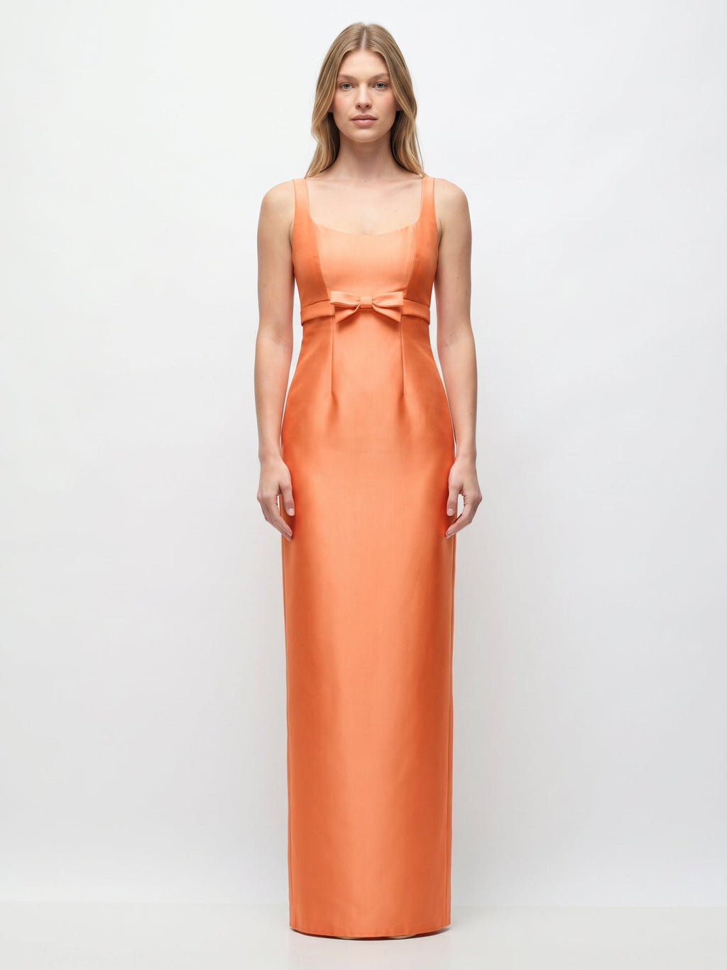 Refined Orange Satin Sheath Square Neck Backless Floor-Length Bridesmaid Dress with Bow - Curvevia
