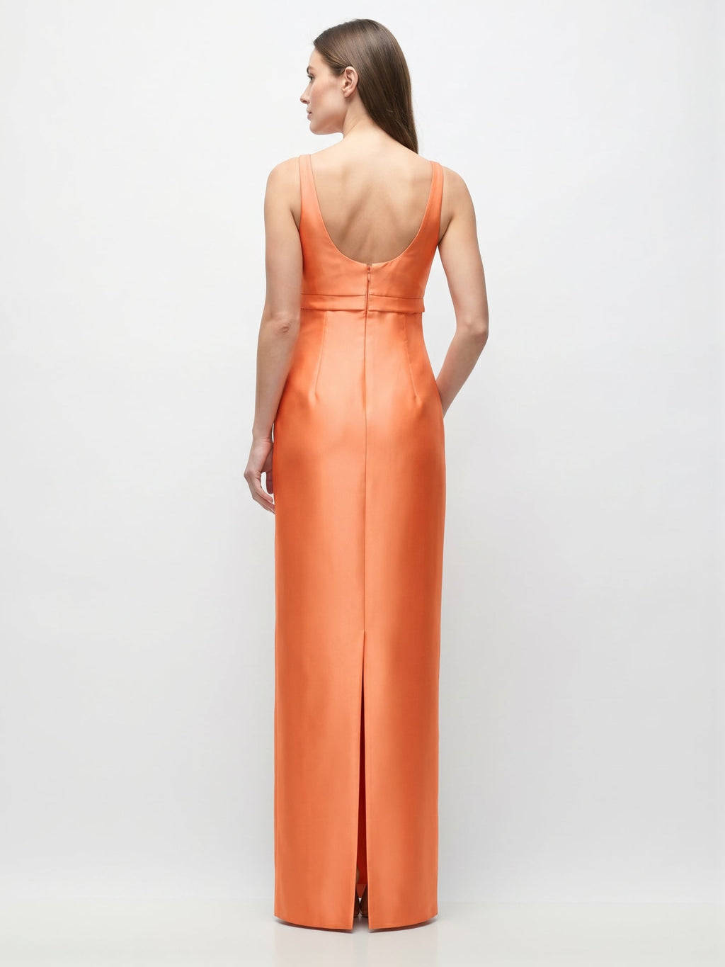 Refined Orange Satin Sheath Square Neck Backless Floor-Length Bridesmaid Dress with Bow - Curvevia