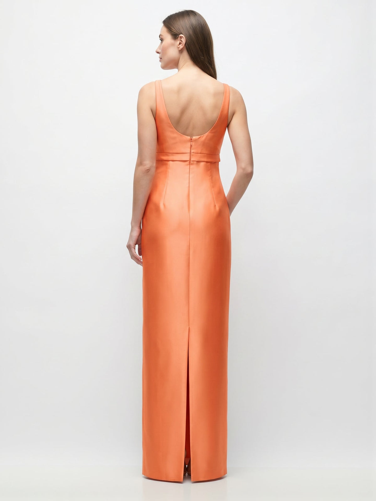 Refined Orange Satin Sheath Square Neck Backless Floor-Length Bridesmaid Dress with Bow - Curvevia