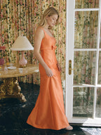 Refined Orange Satin Sheath Square Neck Backless Floor-Length Bridesmaid Dress with Bow - Curvevia