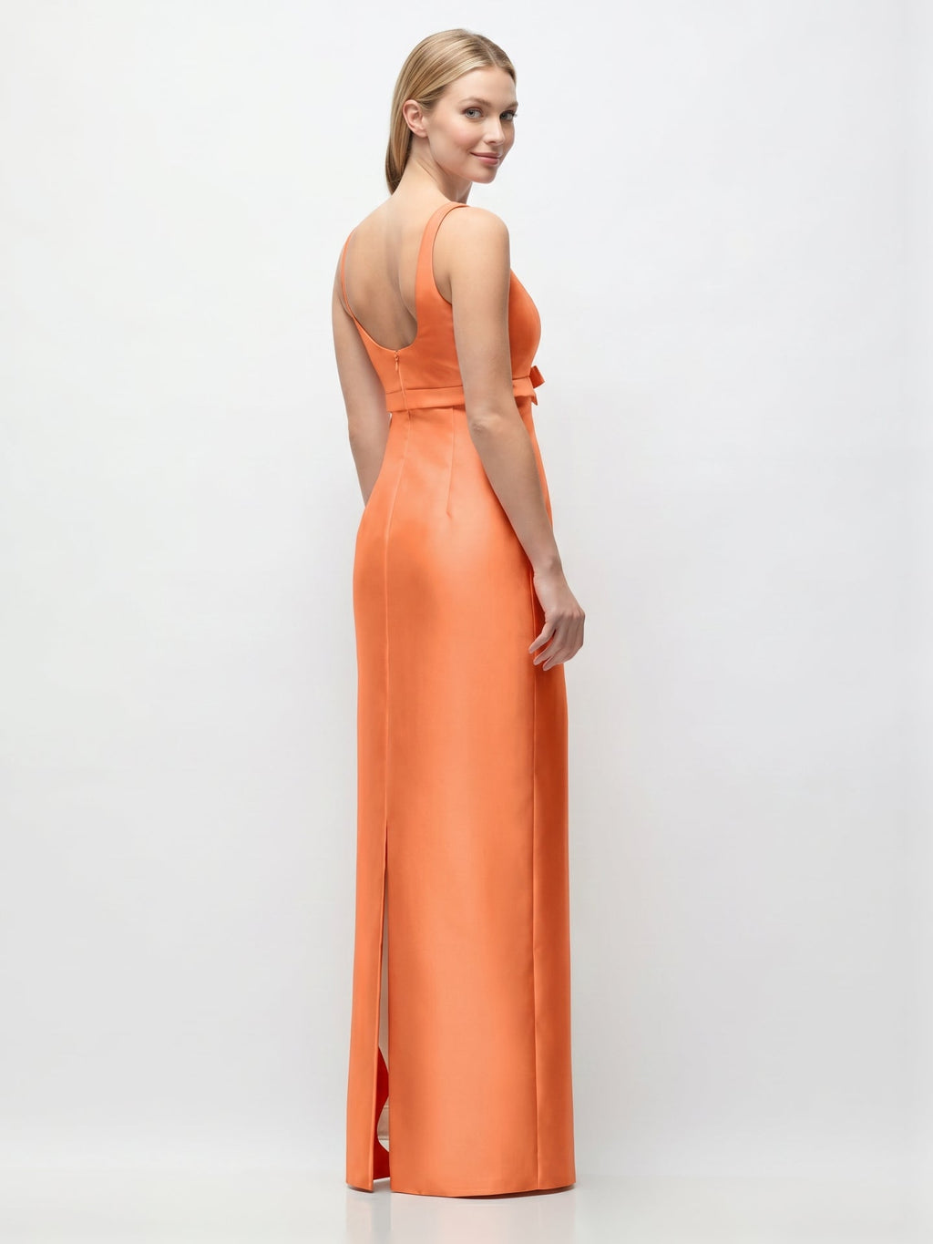 Refined Orange Satin Sheath Square Neck Backless Floor-Length Bridesmaid Dress with Bow - Curvevia