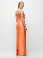 Refined Orange Satin Sheath Square Neck Backless Floor-Length Bridesmaid Dress with Bow - Curvevia