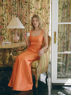 Refined Orange Satin Sheath Square Neck Backless Floor-Length Bridesmaid Dress with Bow - Curvevia