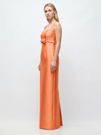 Refined Orange Satin Sheath Square Neck Backless Floor-Length Bridesmaid Dress with Bow - Curvevia