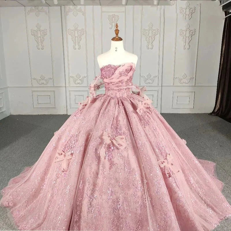 Romantic Pink Beading Quinceanera Dress Sequined Sleeveless with Bowknot - Curvevia