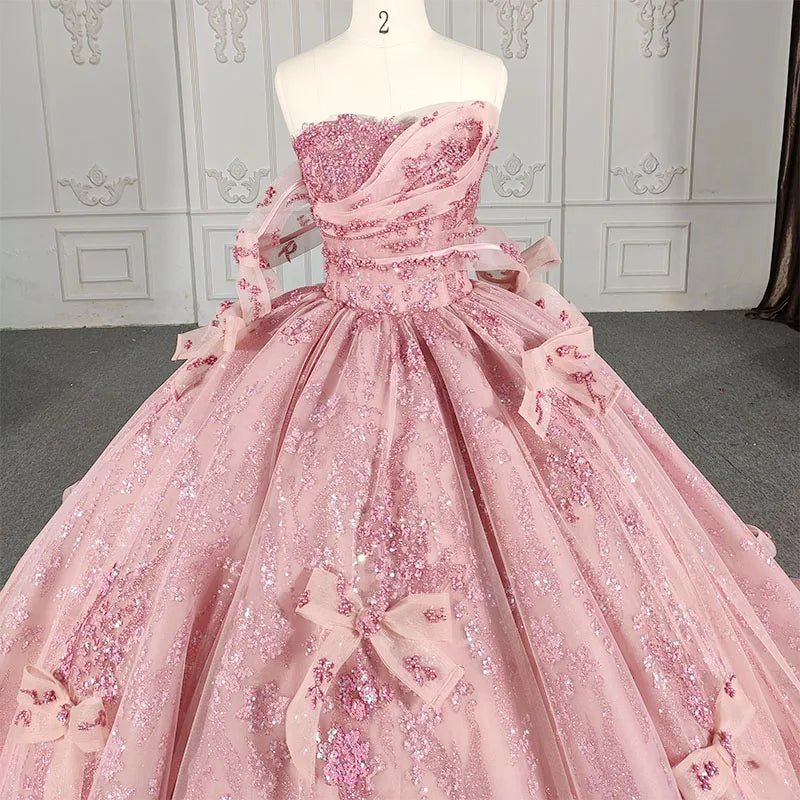 Romantic Pink Beading Quinceanera Dress Sequined Sleeveless with Bowknot - Curvevia
