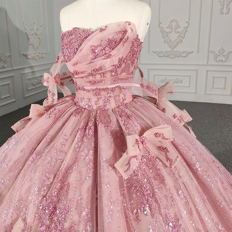 Romantic Pink Beading Quinceanera Dress Sequined Sleeveless with Bowknot - Curvevia