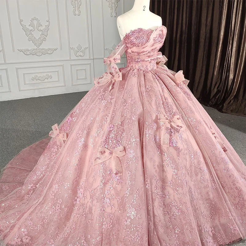 Romantic Pink Beading Quinceanera Dress Sequined Sleeveless with Bowknot - Curvevia