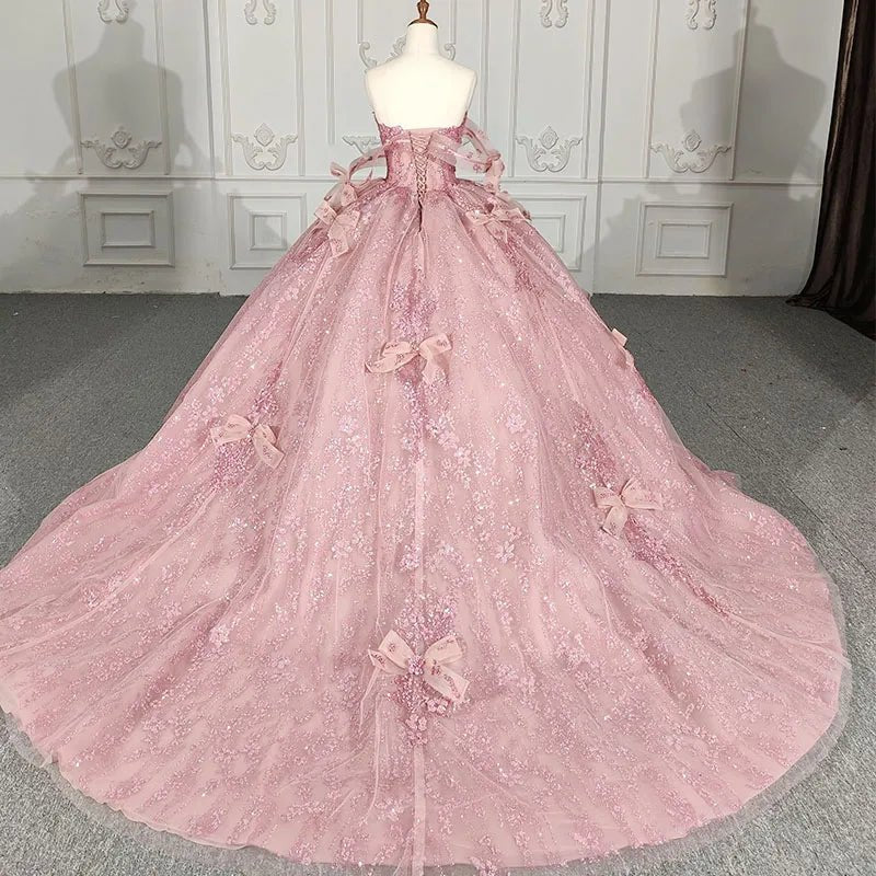 Romantic Pink Beading Quinceanera Dress Sequined Sleeveless with Bowknot - Curvevia