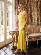 Romantic Lemon Matte Satin A-Line Cowl Neck Backless Ankle-Length Bridesmaid Dress - Curvevia