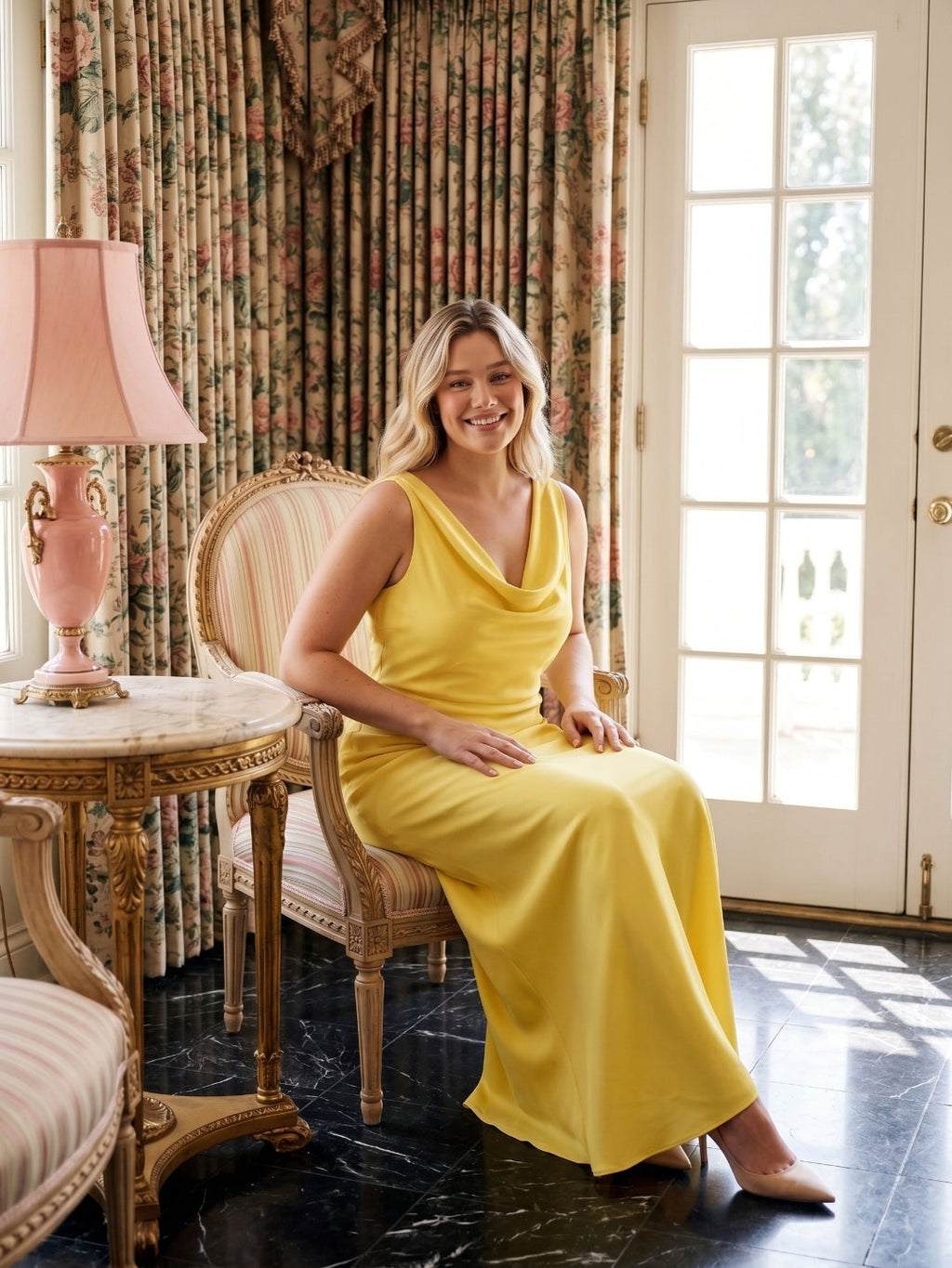 Romantic Lemon Matte Satin A-Line Cowl Neck Backless Ankle-Length Bridesmaid Dress - Curvevia