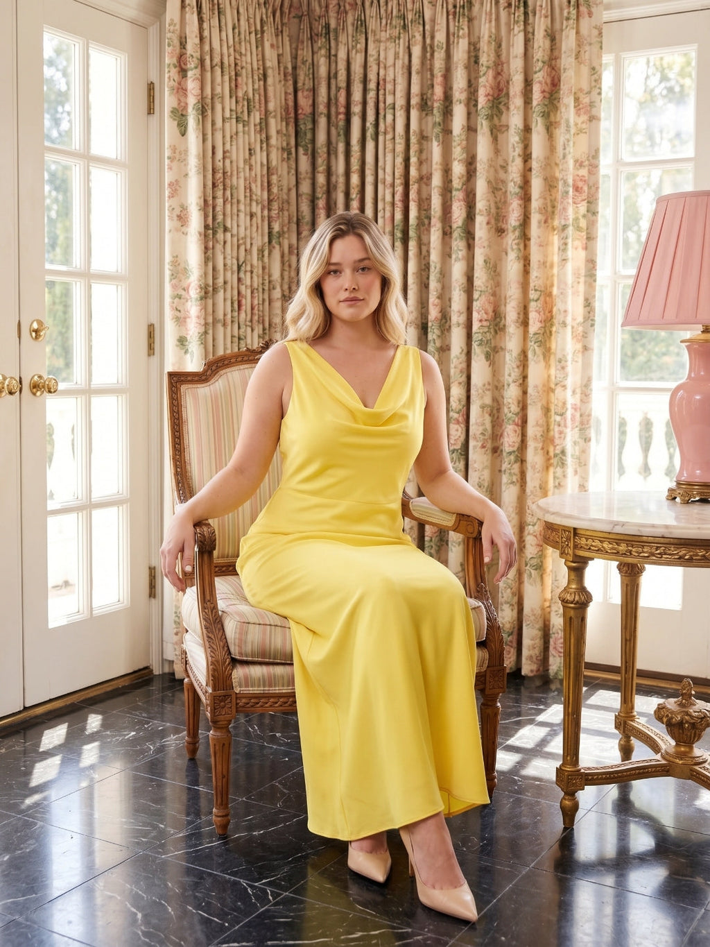Romantic Lemon Matte Satin A-Line Cowl Neck Backless Ankle-Length Bridesmaid Dress - Curvevia