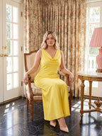 Romantic Lemon Matte Satin A-Line Cowl Neck Backless Ankle-Length Bridesmaid Dress - Curvevia