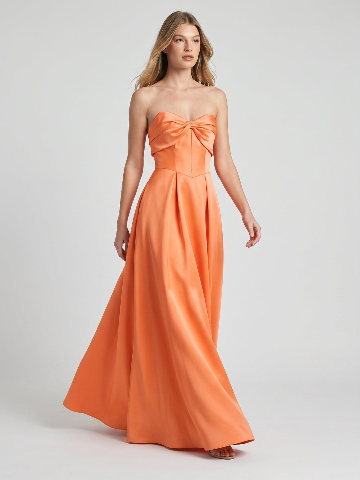 Romantic Orange Satin A-Line Sweetheart Back Zip Floor-Length Bridesmaid Dress with Pleated Detail - Curvevia