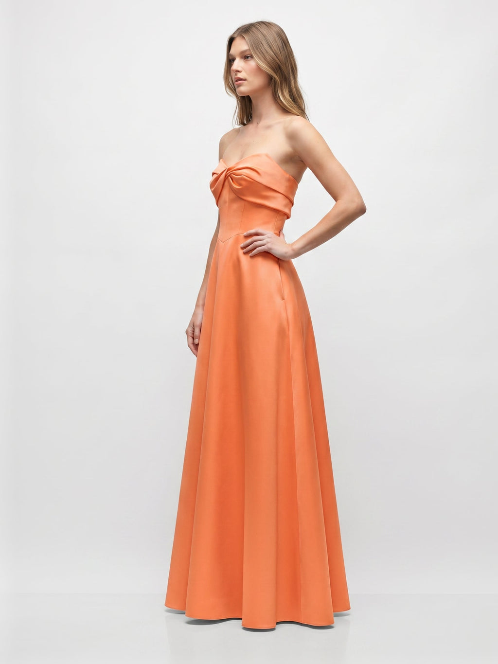 Romantic Orange Satin A-Line Sweetheart Back Zip Floor-Length Bridesmaid Dress with Pleated Detail - Curvevia