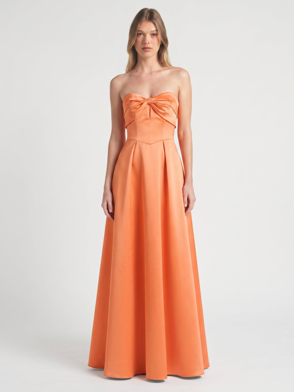 Romantic Orange Satin A-Line Sweetheart Back Zip Floor-Length Bridesmaid Dress with Pleated Detail - Curvevia