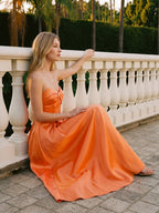 Romantic Orange Satin A-Line Sweetheart Back Zip Floor-Length Bridesmaid Dress with Pleated Detail - Curvevia