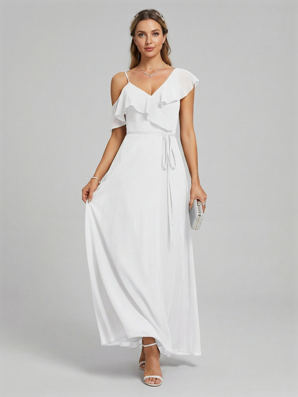 Romantic White Chiffon A-Line V-Neck Back Zip with Ruffle Ankle-Length Bridesmaid Dress - Curvevia