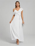 Romantic White Chiffon A-Line V-Neck Back Zip with Ruffle Ankle-Length Bridesmaid Dress - Curvevia