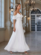 Romantic White Chiffon A-Line V-Neck Back Zip with Ruffle Ankle-Length Bridesmaid Dress - Curvevia