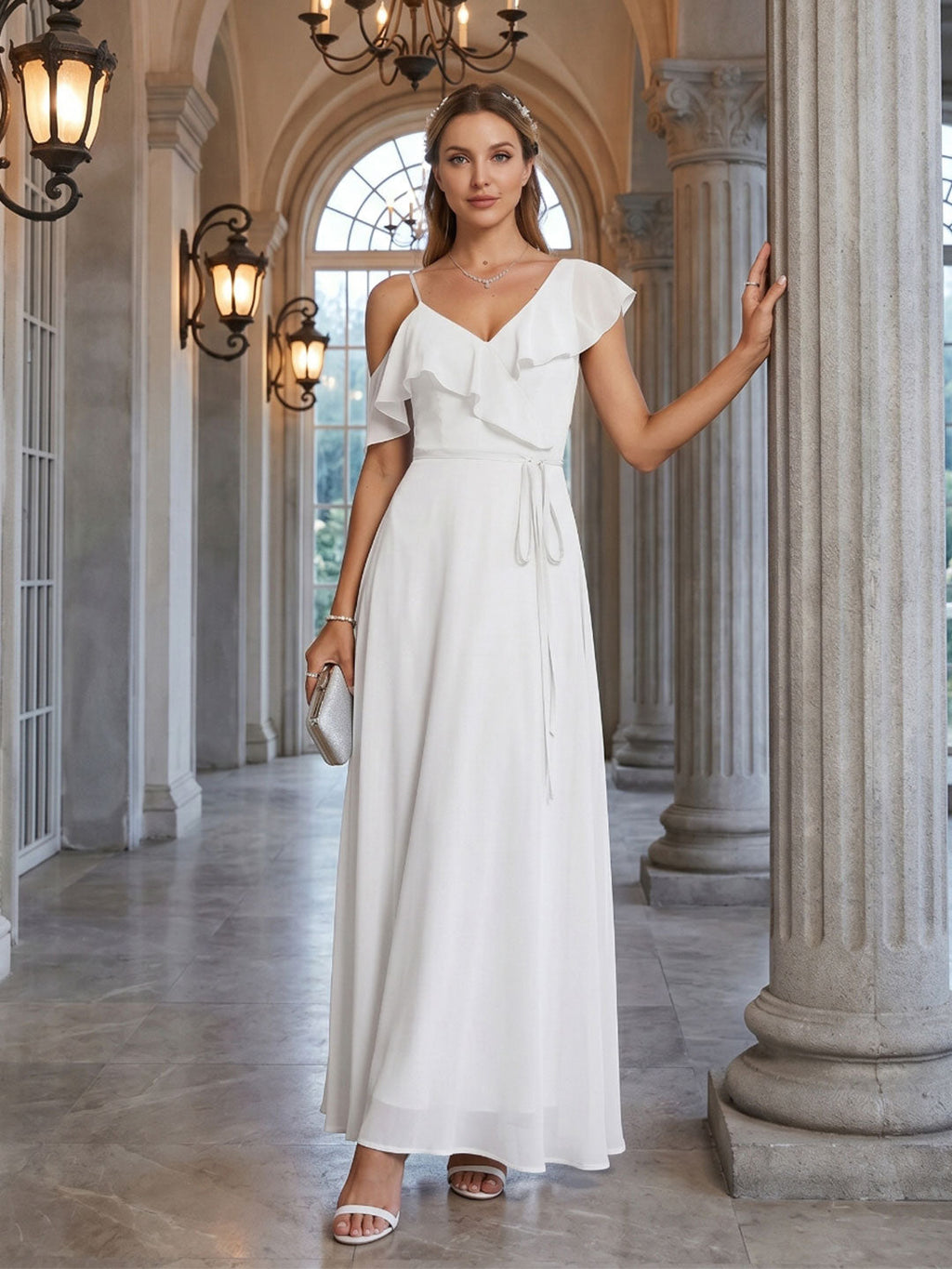Romantic White Chiffon A-Line V-Neck Back Zip with Ruffle Ankle-Length Bridesmaid Dress - Curvevia