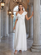 Romantic White Chiffon A-Line V-Neck Back Zip with Ruffle Ankle-Length Bridesmaid Dress - Curvevia