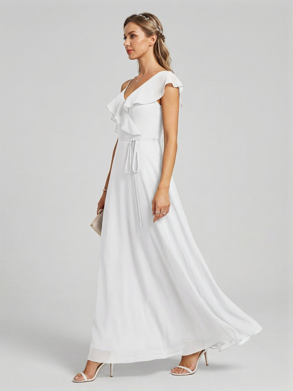 Romantic White Chiffon A-Line V-Neck Back Zip with Ruffle Ankle-Length Bridesmaid Dress - Curvevia