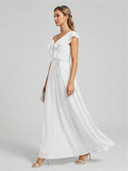 Romantic White Chiffon A-Line V-Neck Back Zip with Ruffle Ankle-Length Bridesmaid Dress - Curvevia