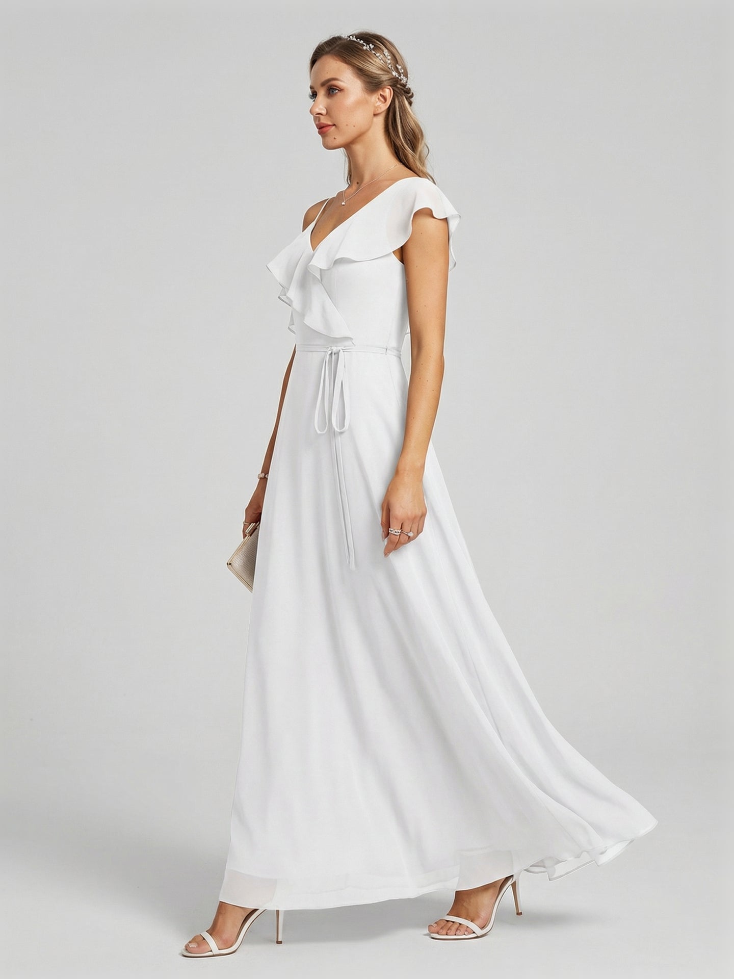 Romantic White Chiffon A-Line V-Neck Back Zip with Ruffle Ankle-Length Bridesmaid Dress - Curvevia