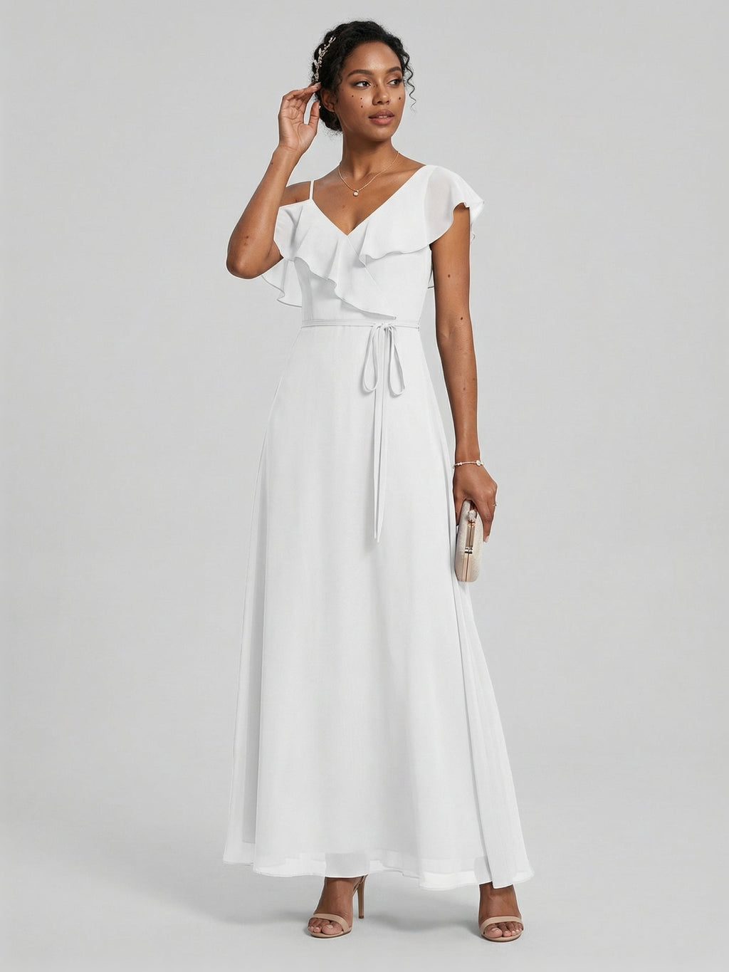 Romantic White Chiffon A-Line V-Neck Back Zip with Ruffle Ankle-Length Bridesmaid Dress - Curvevia